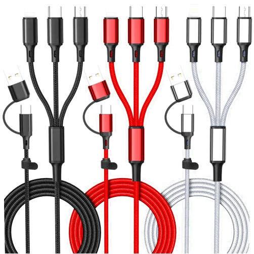 Ankndo 6 in 1 Multi Charging Cable [3Pack 4FT] Multi Charger Cable Nylon Braided Multi Fast Charging Cord USB A/C to Phone USB C/Micro USB/i-P Connector Universal Multiple Phone Charger Cable for Cell Phones