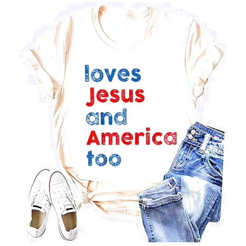 QIANRUO Loves Jesus and America Too Shirt Women Patriotic Christian T-Shirt God Bless America Tee 4th of July Gift Tops