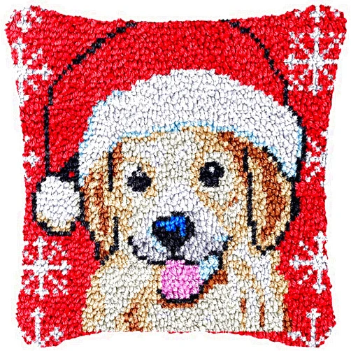Generic Christmas Hat Puppy Dog Latch Hook Pillow Kit for Adults DIY Throw Pillow Cover with Printed Canvas Crochet Yarn Needle Craft Easy Handmade Cushion for Home Sofa Decoration 43x43cm(8)