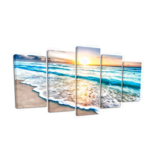Pyradecor 5 Panels Blue Beach Sunrise White Wave Pictures Painting on Canvas Wall Art Modern Seascape Giclee Canvas Prints Seaview Landscape Artwork for Home Office Decorations