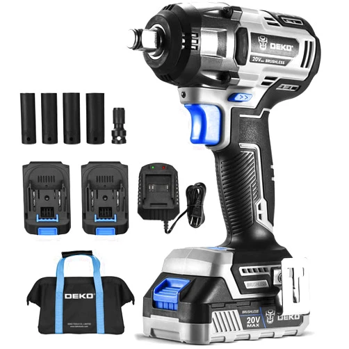 DEKOPRO Cordless Impact Wrench 1/2inch,20V Power Impact Wrench, Powerful Brushless Motor, 3-Variable Speed, Max Torque 258 ft-lbs (350N.m), 2x2.0A Li-ion Battery, 1 Hour Fast Charger and Tool Bag