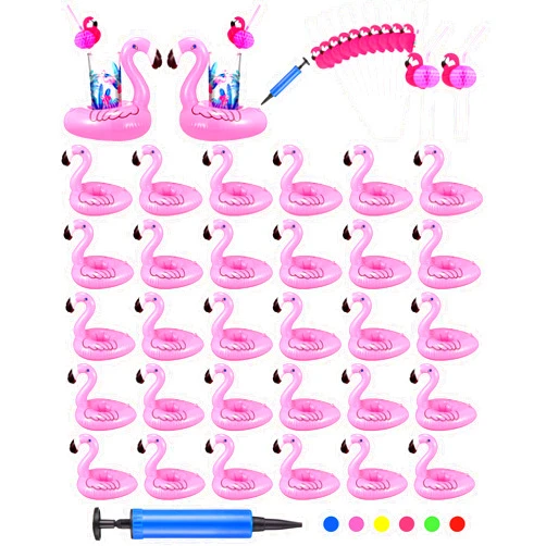 Skylety 87 Pieces Inflatable Floating Flamingo Drink Holders Set Includes Swimming Pool Drink Floats Coasters and Flamingo Drinking Straws, Inflatable Supplies for Flamingos Party Birthday Party