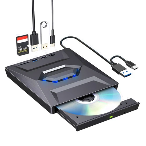 ROOFULL External CD/DVD Drive USB 3.0 & USB-C Portable CD DVD Disc Player Burner CD/DVD-ROM +/-RW Reader Writer Adapter with USB Port and SD Card Slot for Laptop PC Computer Mac Windows 11/10 Linux