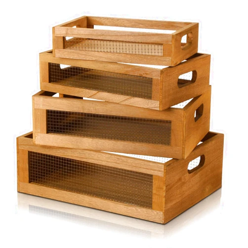 FillTouch 4 Pcs Wooden Nesting Countertop Baskets Set 4 Size Wooden Storage Box with Handles and Metal Wire Multipurpose Wood Organizer Crate for Fruit Vegetable Kitchen Cabinet Bathroom(Dark Brown)