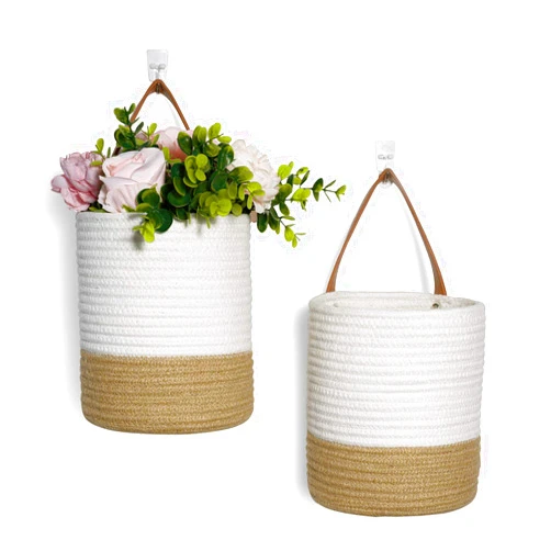 Goodpick 2pack Jute Rope Hanging Basket - Small Woven Fern Wall Hanging Basket Flower Plants, Jute Woven Basket Key Storage Basket, White and Jute 7.87 x 7 x 11.7 inches