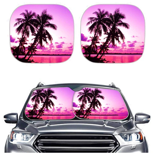 Babrukda 2 Pieces Sun Shade Universal Fit Windshield Sunshade Car Truck SUV Van Sun Visor Keep Vehicle Cool UV Heat Reflect, Tropical Sunset Beach Coast Sea Palm Trees