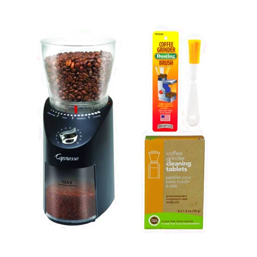 Capresso 570.01 Infinity Plus Commercial Grade Conical Burr Grinder (Black) Bundle Dusting Brush and Cleaning Tablets (3 Items)
