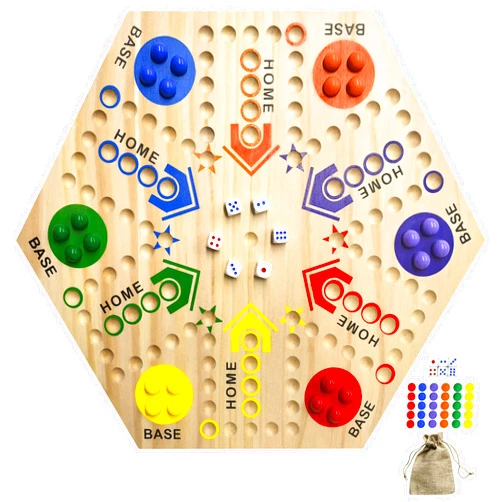 Googgoing Wooden Board Game, Aggravation Board Game Original Marble Game Double Sided Painted 2 to 6 Player Fast Track Board Game Wooden with 6 Colors 24 Marbles 6 Dice for Adults Kids Family(15 INCH)