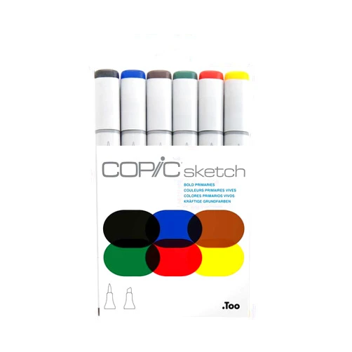 Copic Sketch, Alcohol Markers, 6 Colors Dual Brush Tip Art Marker for Adults, Permanent Blendable Sketch Markers for Coloring Drawing & Illustration Art - Bold Primaries