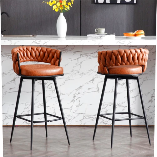 BFZ 30inch Bar Stools Set of 2, Bar Height Bar Stools, 180° Swivel Suede Fabric Stool Chairs with Woven Back and Footrest for Kitchen Island, Cafe, Pub, Bar Counter