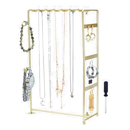 FINGERINSPIRE Metal Jewelry Organizer 8x4x12 inch Golden Stand Necklace Holder Organizer with 18 Holes & 7 Hooks Multi Purpose Earrings Necklaces Storage Rack Chain Storage Rack