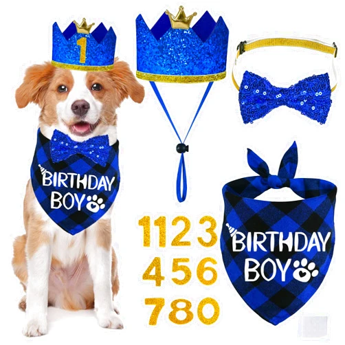 STMK Dog Birthday Party Supplies, Multi Size Dog Birthday Hat with Numbers Dog Birthday Boy Bandana Bow Tie for Medium Large Dogs Pets (Blue, Large)