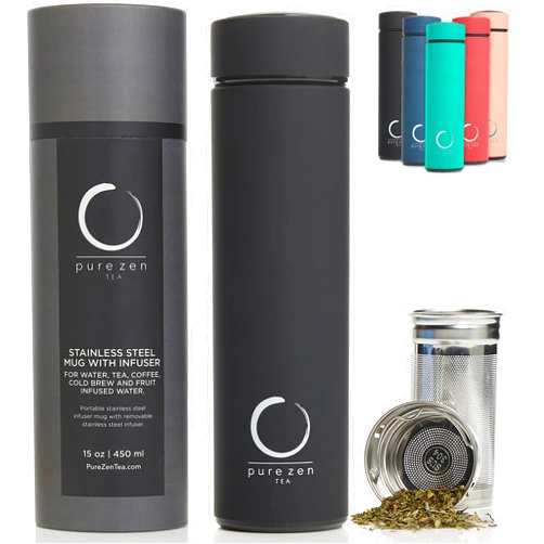 Pure Zen Tea Thermos with Infuser for Tea, Coffee and Fruit-Infused Water - Stainless Steel - Tea Infuser Bottle - Tea Tumbler with Infuser - Leakproof Tea Bottle - Travel Tea Mug - 15oz - Black