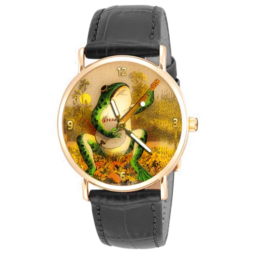 superbrass.com Whimsical Frog Playing Banjo Vintage Art Print 30 mm Solid Brass Unisex Collectible Watch with Pinewood Gift Box