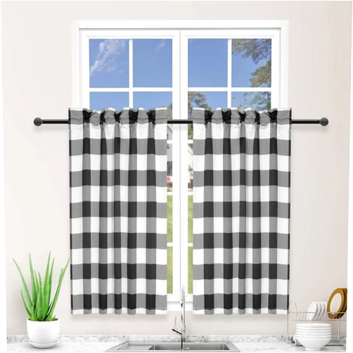 Simple Deluxe Buffalo Check Kitchen Tier Curtains, Plaid Gingham Small Curtain Blackout Valances Window Treatment for Half Cafe Windows, 26