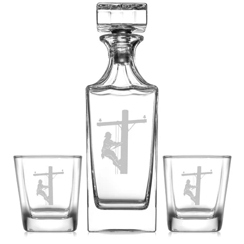 MIP Whiskey Decanter Gift Set With 2 Whiskey Old Fashioned Rocks Glasses Lineman Electric Pole Climber