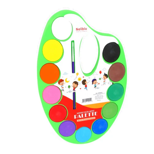 Neliblu Watercolor Paint Set Palette for Kids - Washable Non Toxic Paints in 12 Bright and Vivid Water Colors - Mess Free and Fun - Develops Artistic Talent in Children at Home or School - Paintbrush Included