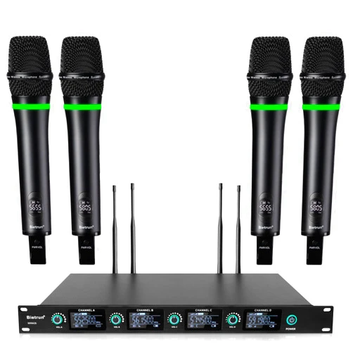 Bietrun 4-Channel Wireless Microphones System with 4 Rechargeable Handheld Mics, UHF Metal Dynamic Cordless Mics for Karaoke, Singing, Church, Family Theater(Auto Connect/295FT Range/Fixed Frequency)