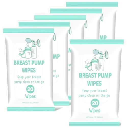 Threlaco 6 Pack 120 Count Breast Pump Wipes Quick Clean and Irritant Free Resealable Convenient Breast Pump Cleaning Wipes Hygienic Breastfeeding Supplies(Green)