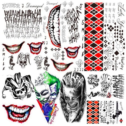 XIYOKA 12 Sheets Large Size Halloween Joker Tattoos, 3 Sizes Halloween Temporary Tattoos Stickers HQ Tattoos Costume- Perfect for Halloween, Parties, Cosplay and Costumes (12 Sheets Joker Tattoos)