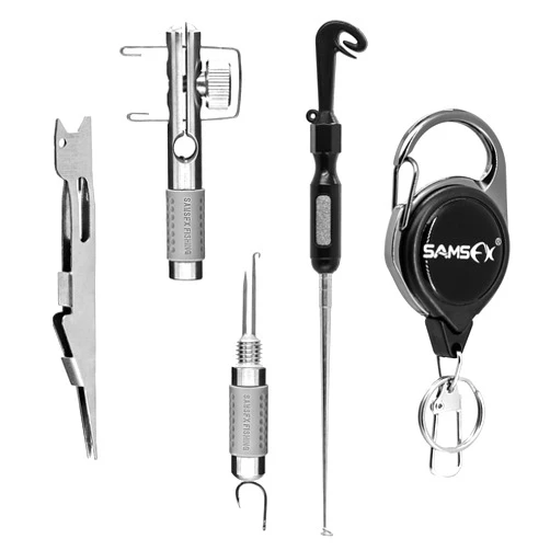 SAMSFX Fishing Stainless Steel Hook Tier, Knot Tying Tool, Loop Tyer, Hook Remover and Zinger Retractors Combo