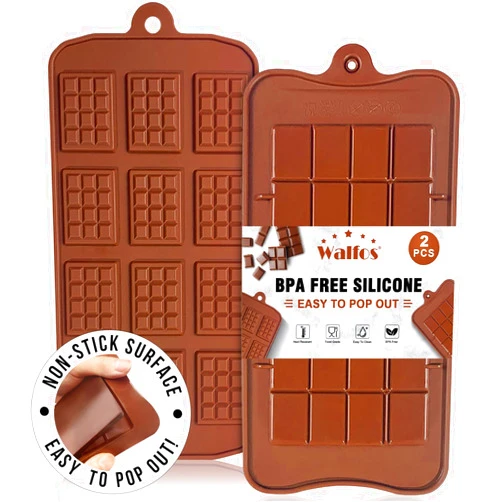 Walfos Break-Apart Chocolate Molds, Non-Stick Silicone Chocolate Bar Mold, Food Grade Candy Bar Mold, Perfect for Energy Bar, Cocoa Mini Bar, Basic Bites, 2 Pack