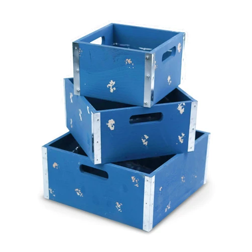 wald imports - Set of 3 Blue Wooden Crates for Storage - Decorative Wooden Crate Set for Home Decoration & Display - Vintage Storage for Household Goods