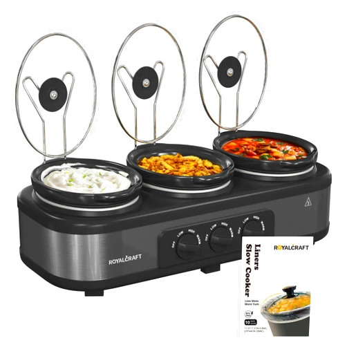 Sunvivi Slow Cooker with 10 Cooking Liners, Triple Slow Cooker Buffet Server 3 Pot Food Warmer for Parties with 3 Spoons ＆ Lid Rests,Adjustable Temp, Total 4.5 QT