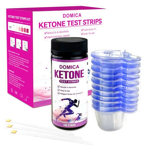 DOMICA 100 Urine Ketone Test Strips with 100 Urine Cups, Fast 40-Second Results, 3-Step Testing Keto Pee Sticks, Daily Ketone Checking Strips