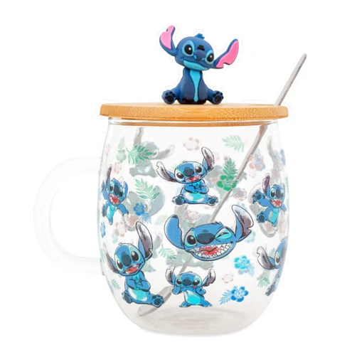 Silver Buffalo Disney Lilo & Stitch Expressions Glass Mug With Lid and Spoon | Large Coffee Cup For Tea, Espresso, Cocoa | Holds 17 Ounces