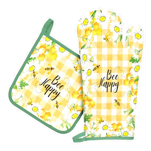 Arquiel Bee Daisy Oven Mitts and Pot Holders Sets 100% Cotton Heat Resistant, Extra Long Oven Gloves Potholder for Kitchen Cooking Baking Housewarming