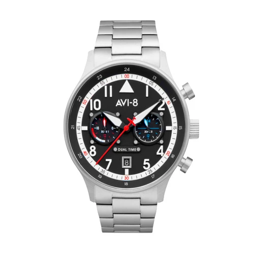 AVI-8 Mens 43.5mm Hawker Hurricane Carey Dual Time Rangoon Japanese Quartz Pilot Watch with Stainless Steel Bracelet AV-4088-11