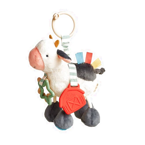 Itzy Ritzy Link & Love Toy for Stroller or Car Seat; Features Textured Ribbons, Crinkle Sounds, Clinking Rings & Silicone Teether; Designed for Ages 0 Months and Up (Cow)