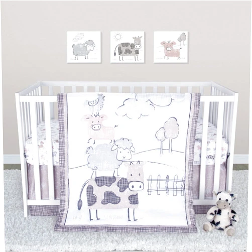 Sammy & Lou Cottage Farm 4-Piece Baby Crib Bedding Set, includes Quilt, Fitted Crib Sheets Neutral, Crib Skirt, and Plush Toy
