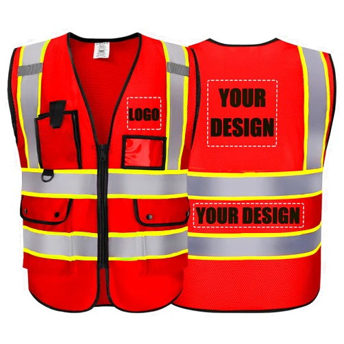 Shmimy Custom LOGO Design Safety Vests Reflective Strips Class 2 High Visibility with Pockets and Zipper For Men and Women
