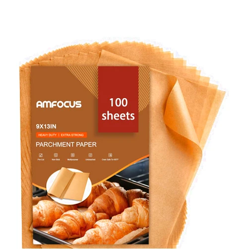 AMFOCUS Parchment Paper Sheets, 9x13 In Non-Stick Precut Baking Parchment for Baking, Grilling, Air Fryer, Steaming, and More (Unbleached) - Quarter Sheet Size, Perfect for Bread, Cakes, Cookies, 100PCS