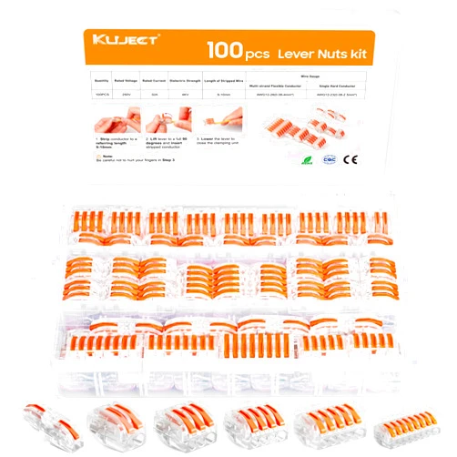 Kuject 100PCS Lever Wire Nuts Connectors Kit with 2/3/4/5/8 Conductor Combination, Electrical Lever Wire Connectors Push-in AWG 28-12, Wire Quick Connectors with 2 Circuit Inline Splices