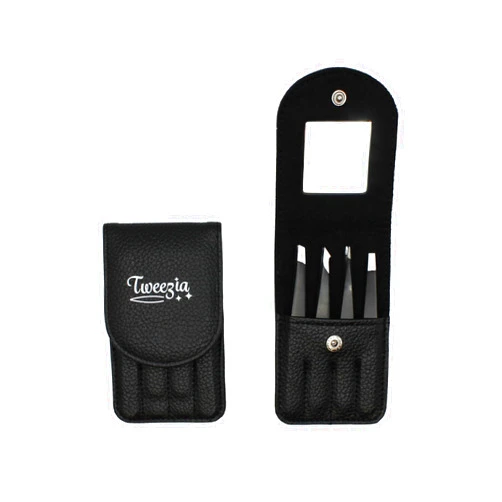 Houseify TWEEZIA Stainless Steel Tweezer Set - 4 Precision Tweezers with Mirror & Leather Case - Ideal Eyebrow Kit, Ingrown Hair Tweezers, Splinter Removal Kit or Pointed Tweezers for Beauty and Personal Care