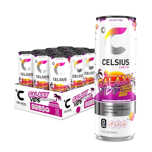 CELSIUS GALAXY VIBE Sparkling Strawberry Watermelon, Sugar Free Energy Drink, 12 Fl Oz (Pack of 12)