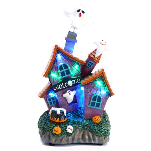 Valery Madelyn Vintage Halloween Villages Decorations, 9.4Inch Lighted Cute Halloween Ghosts Haunted House Resin Statue with Music and Light for Yard Garden Outdoor Indoor Home Halloween Party Decor