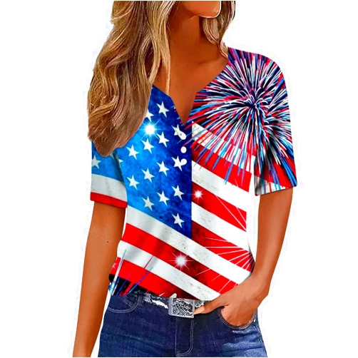 Generic Womens 4th of July Tops Trendy Casual V Neck Short Sleeve Shirts Independence Day Flag Print Fashion Blouses