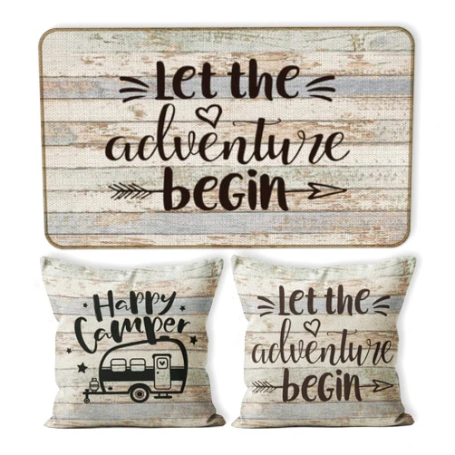 M-Qizi Let The Adventure Begin Decorative Doormat 17”X30”,Happy Campers Let The Adventure Begin Throw Pillowcase 18”X18”,3 Pieces Set(1 Doormat 2 Pillows Cover) Decor for Campsite RV