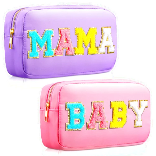 Sanwuta 2 Pieces Nylon Cosmetic Bag Chenille Letter Makeup Bag Pouch Zipper Travel Toiletries Pouch Preppy Patch Cosmetic Travel Toiletry Organizer for Women and Girls(Purple, Pink,Baby and Mama)