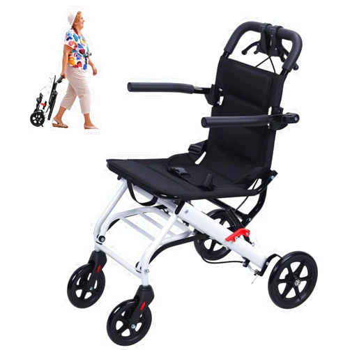 Shulemin Portable Folding Transport Wheelchair for Adults & Seniors - Lightweight Aluminum Travel Wheelchair with Safety Belt 180lbs Capacity All-Terrain Wheels Narrow Doorways Design Foldable Compact (Black)