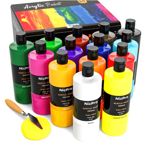 Nicpro 14 Colors Large Bulk Acrylic Paint Set (16.9 oz,500 ml) Rich Art Painting Supplies, Non Toxic for Multi Surface Rock Canvas Wood Ceramic Leather Fabric Craft, for Adult with Color Wheel