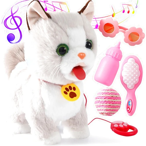 Ylpaprm Walking Cat Set Interactive Talking Cat Toy Kitten Repeat What You Say Robot Cat Toy for Girl Singing Dancing Touch Control Cat with Leash Wagging Tail Nodding Plush Electric Ragdoll Kitty Cat for Kid