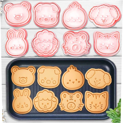 Lutoku 8 Mini Animal Cookie Cutters Set, 3D Raised Design Animal Embossing Stamps, Bear, Pig, Chicken, Dog, Rabbit, Sheep, Tiger, Cat, Baking Molds (Forest-4)