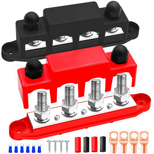 Seamaka 250A 12V Bus Bar Marine Power Distribution Block with Cover with 4 x 3/8”Post 3 x #8 Screws Terminals,Battery Bus Bar (Pair, Red & Black),Automotive Busbars 12 Volt for Car Boat Solar Wiring