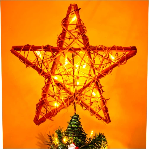 MyoGrip Christmas Tree Topper Star, Indoor Rattan Natural Star Treetop with 10 LED Light, Xmas Star Tree Topper Lighted for Christmas Tree Decorations