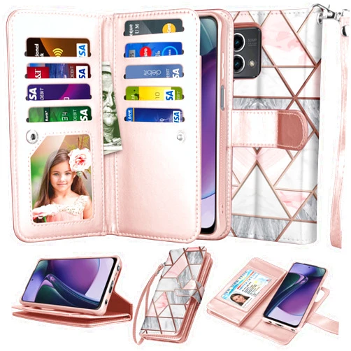 NJJEX Wallet Case for Motorola Moto G Stylus 2024 5G, for Moto G Stylus 2024 5G Case, [9 Card Slots] PU Leather Credit Holder Folio Flip [Detachable] Kickstand Magnetic Phone Cover & Lanyard -Marble